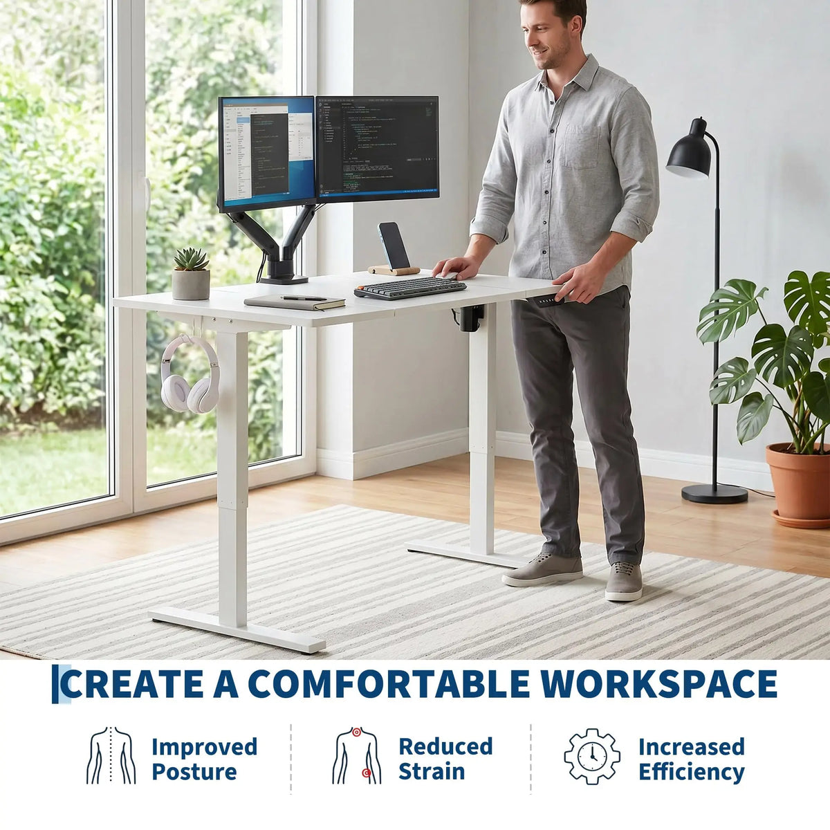 55x27.6 Inch Height Adjustable Electric Standing Desk Gaming Table Large Black Computer Workstation with Smooth Lift System US Standard Black White