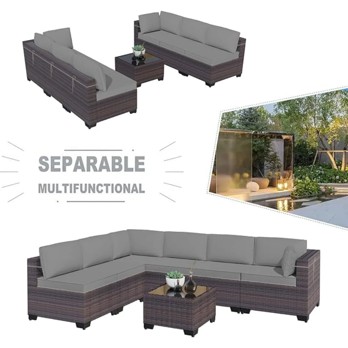 7 Pieces Outdoor Patio Furniture Set,Sectional Rattan Sofa Set Brown PE Rattan Wicker Patio Conversation Set with Tempered Glass