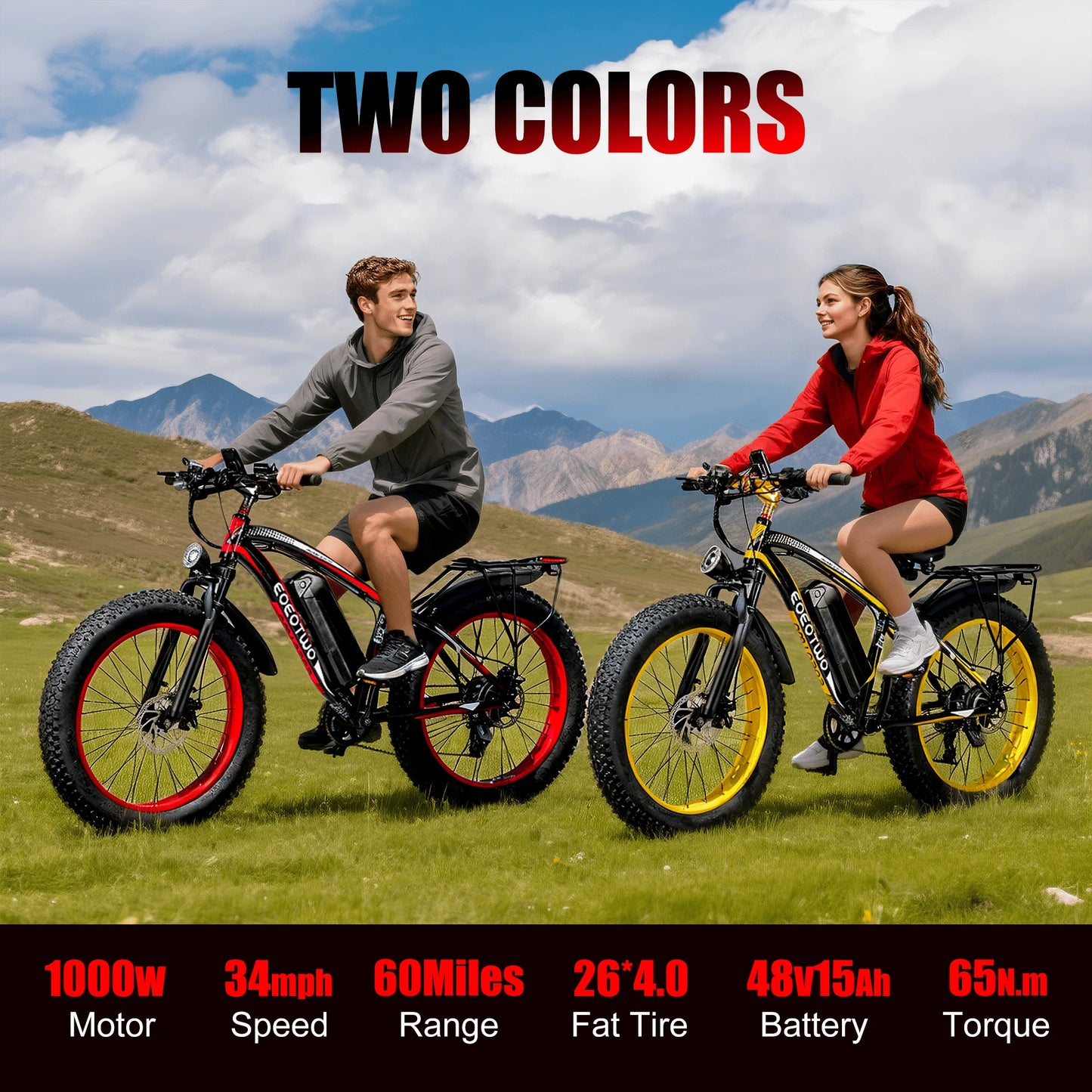 EOEOTWO Heavy Duty Ebike, 400 LBS Capacity, 65Nm High Torque, Front Suspension, Rear Rack, 5 Riding Modes, Phone Holder with Charging