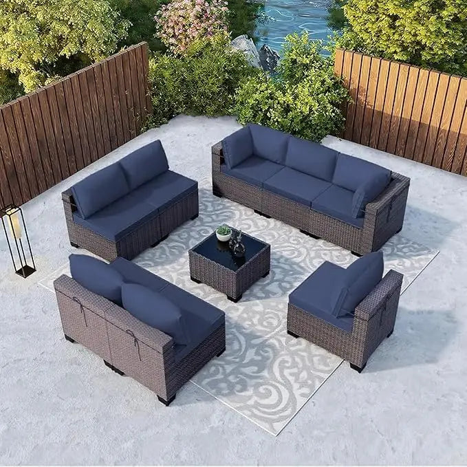 7 Pieces Outdoor Patio Furniture Set,Sectional Rattan Sofa Set Brown PE Rattan Wicker Patio Conversation Set with Tempered Glass