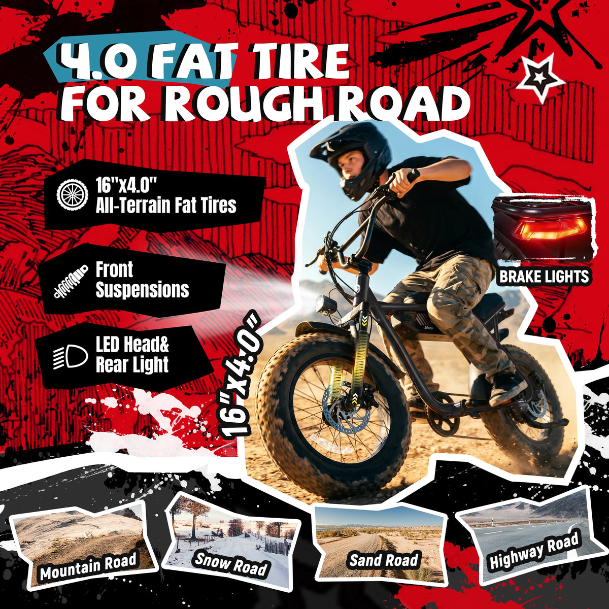 ESKUTE V101 Electric Dirt Bike,16'x4.0 Fat Tire Ebike,Electric Dirt Bike, 28mph, E Bike UL2849, 1 Year Warranty