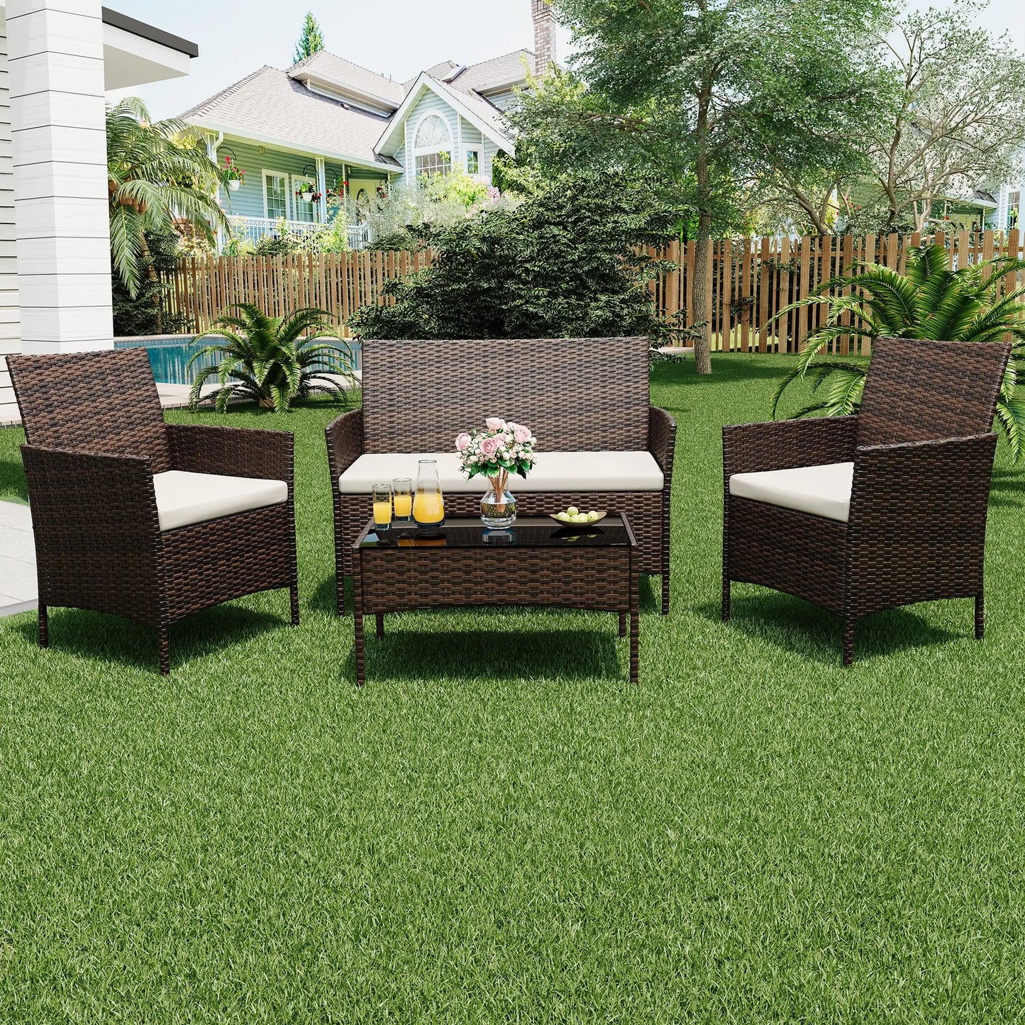 HiMISS 4 Piece Outdoor Rattan Bistro Set With Cushioned Sofa