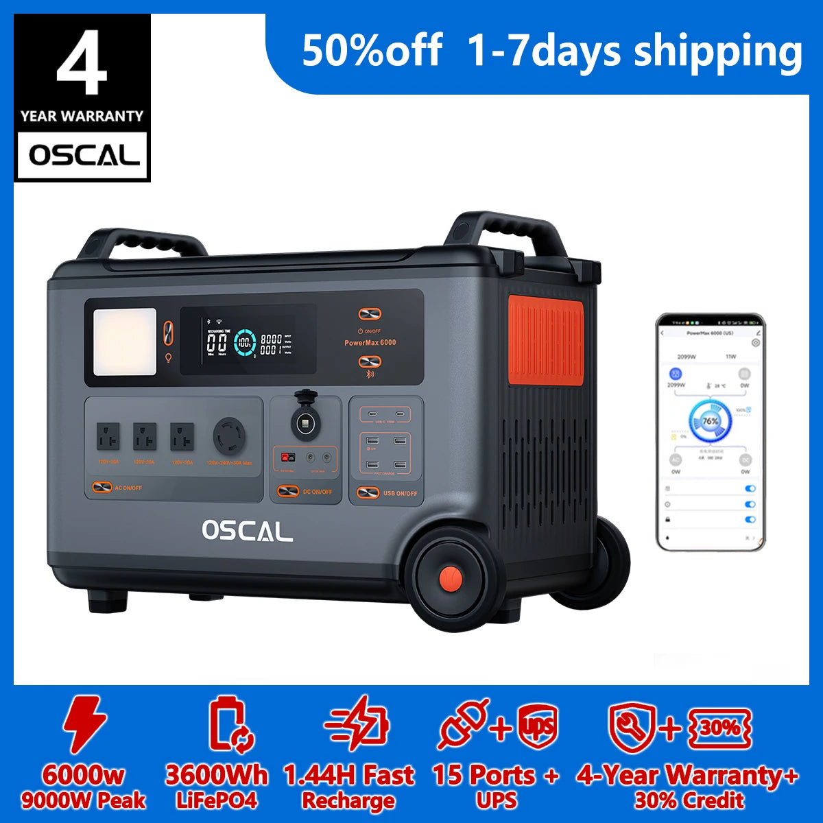 Oscal PowerMax 6000 Portable Solar Generator 3600Wh LiFePO4
