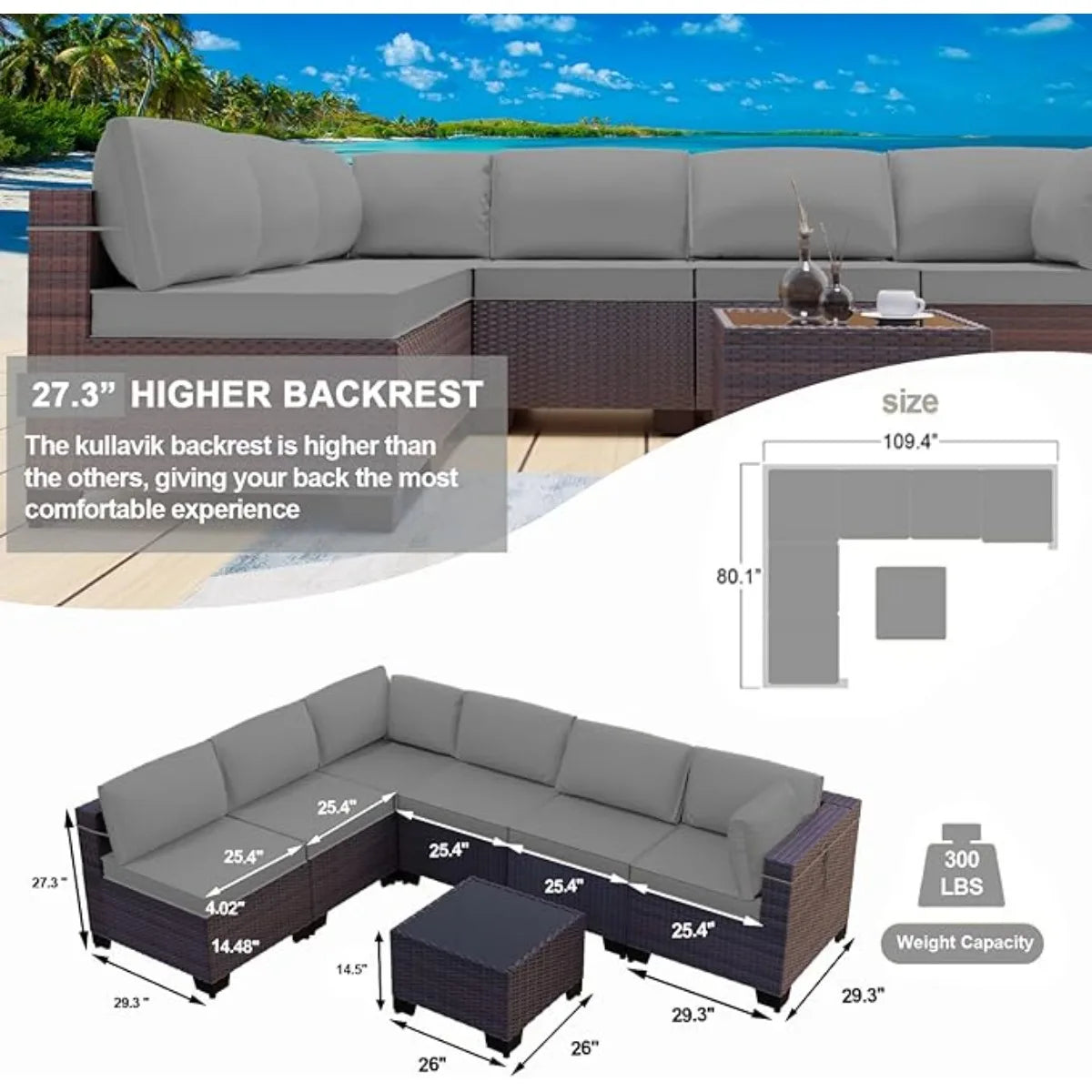 7 Pieces Outdoor Patio Furniture Set,Sectional Rattan Sofa Set Brown PE Rattan Wicker Patio Conversation Set with Tempered Glass