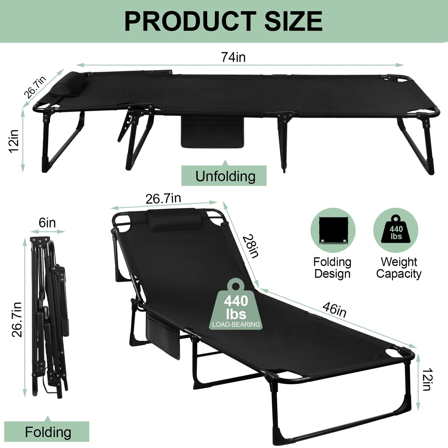 Portable Adjustable Folding Camping Cot With Comfort Support Pillow