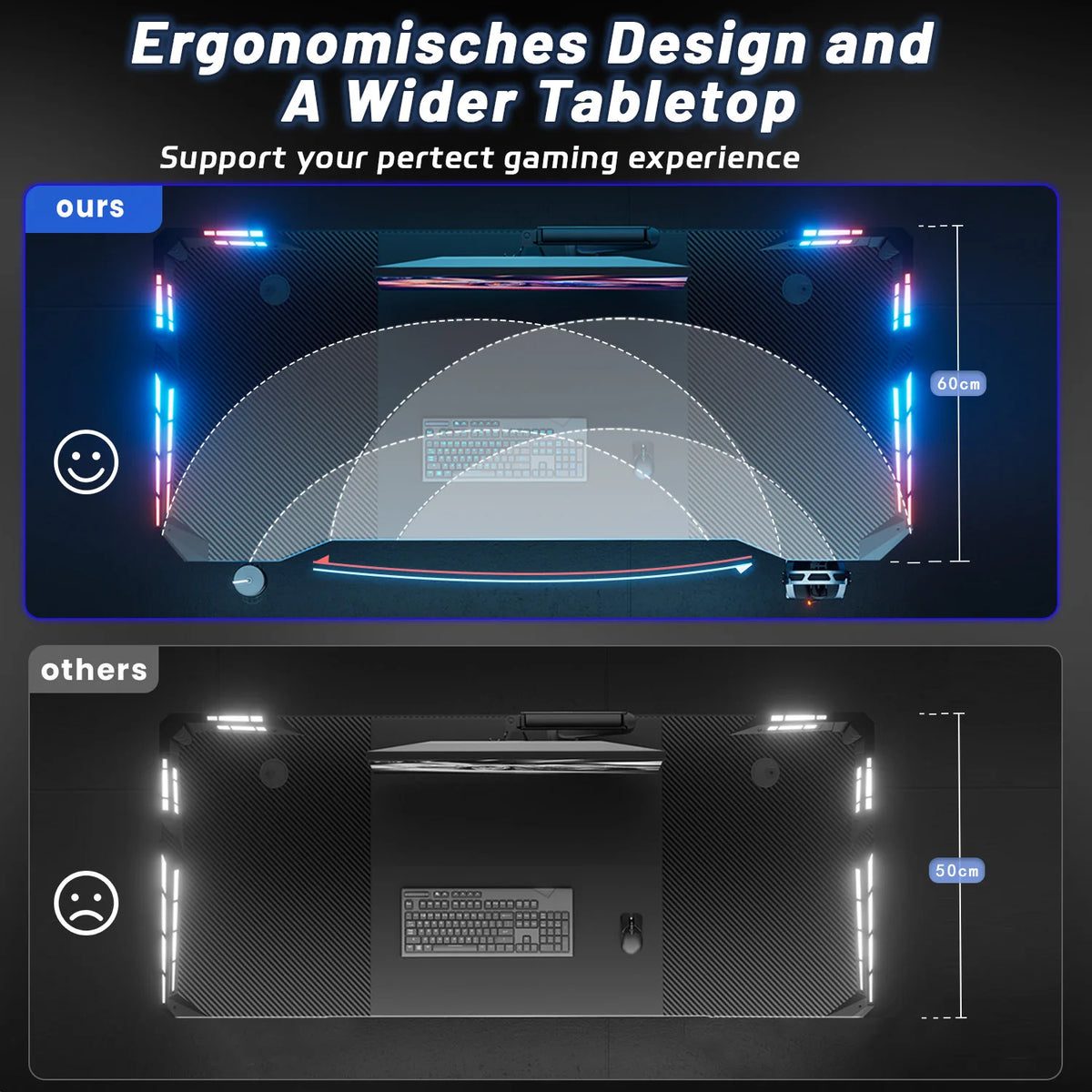 FRODROVIA Ergonomic Gaming Desk With LED Lights And Cup Holder