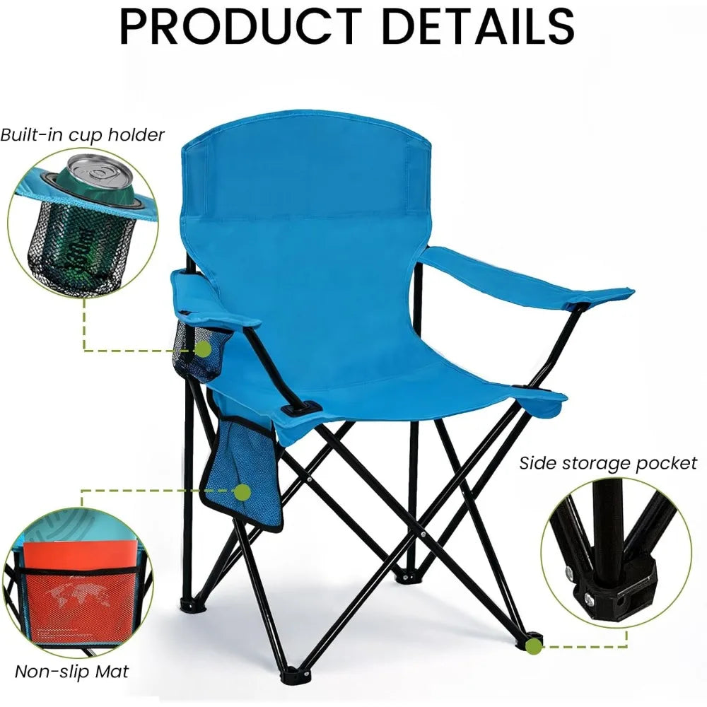 Lightweight folding camp chair high back 300lbs capacity cup holder side storage portable beach picnic sport