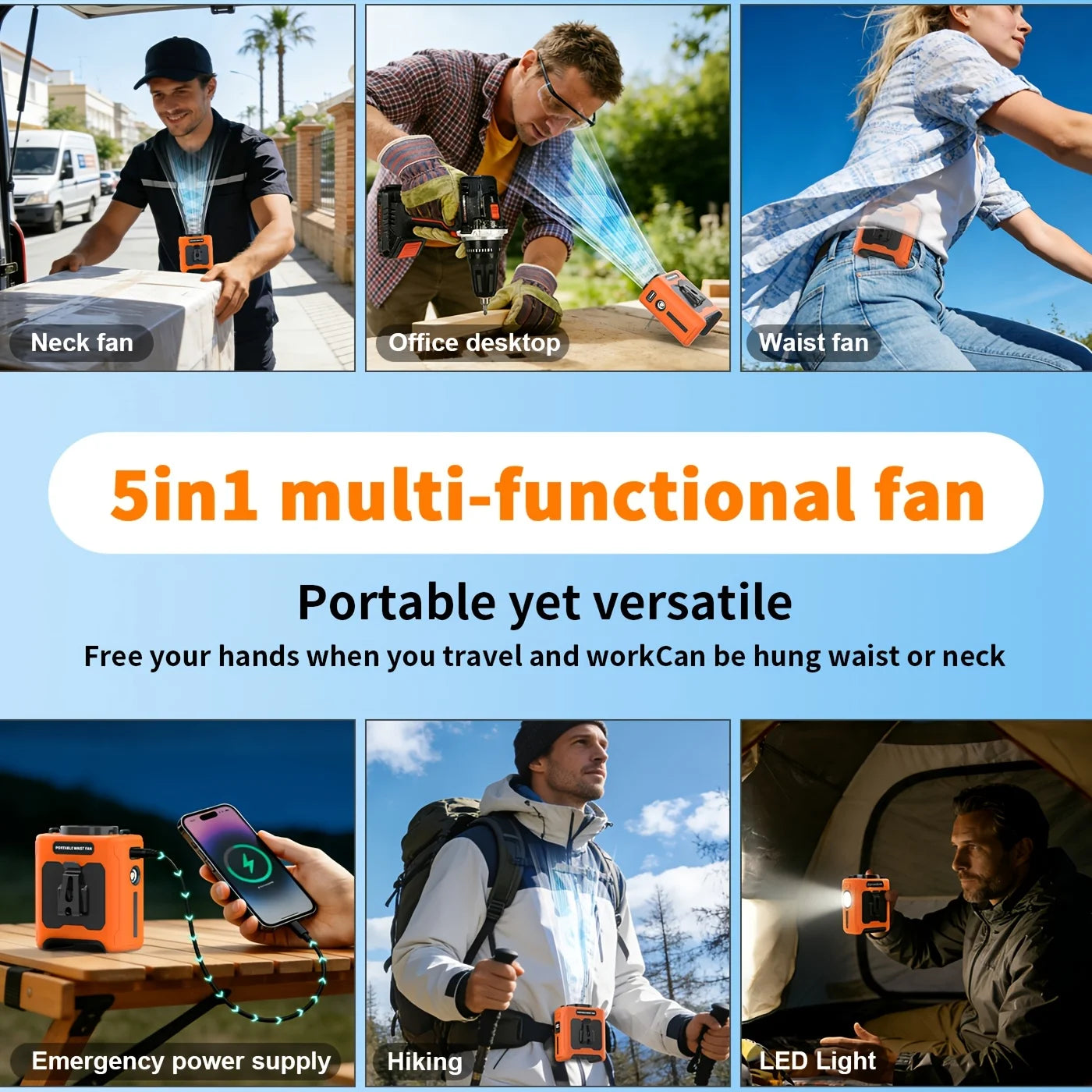 10000mAh Portable Rechargeable Waist Fan For Travel With Led Light