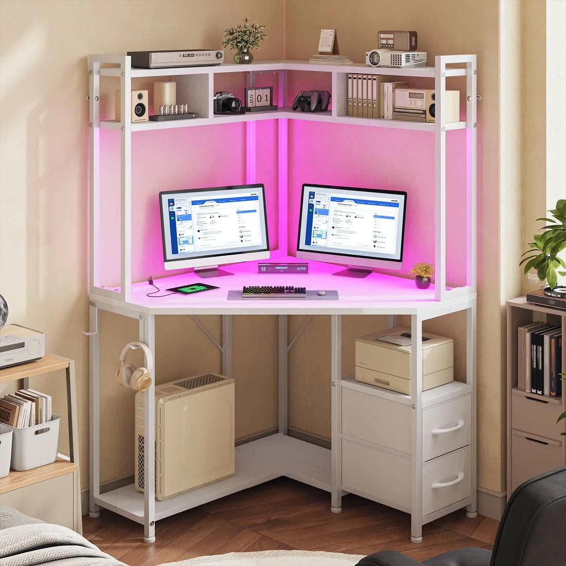 EnHomee Corner Gaming Desk With LED Lights Outlets And Storage