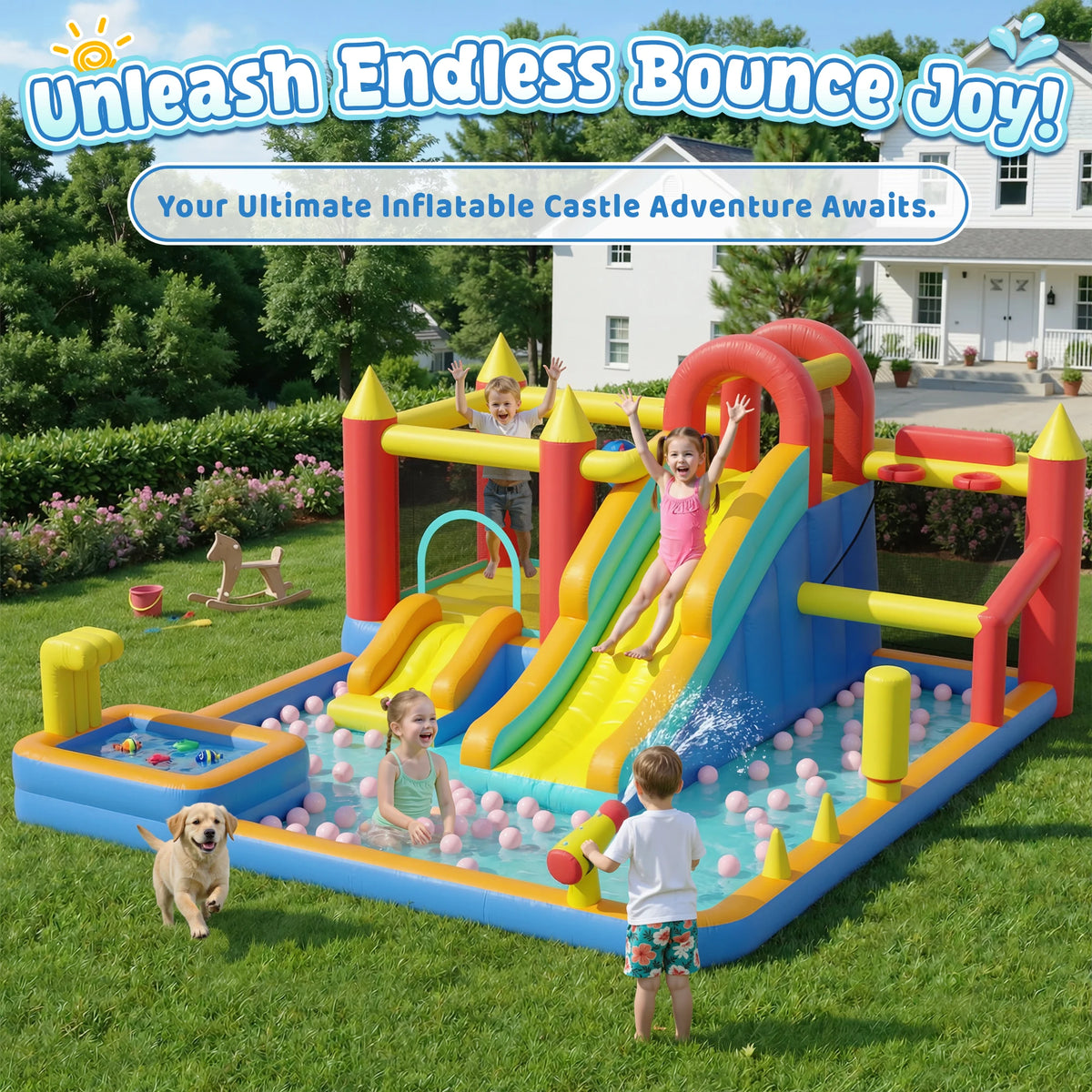 Kids Inflatable Bounce House With Blower Stakes And Repair Kit