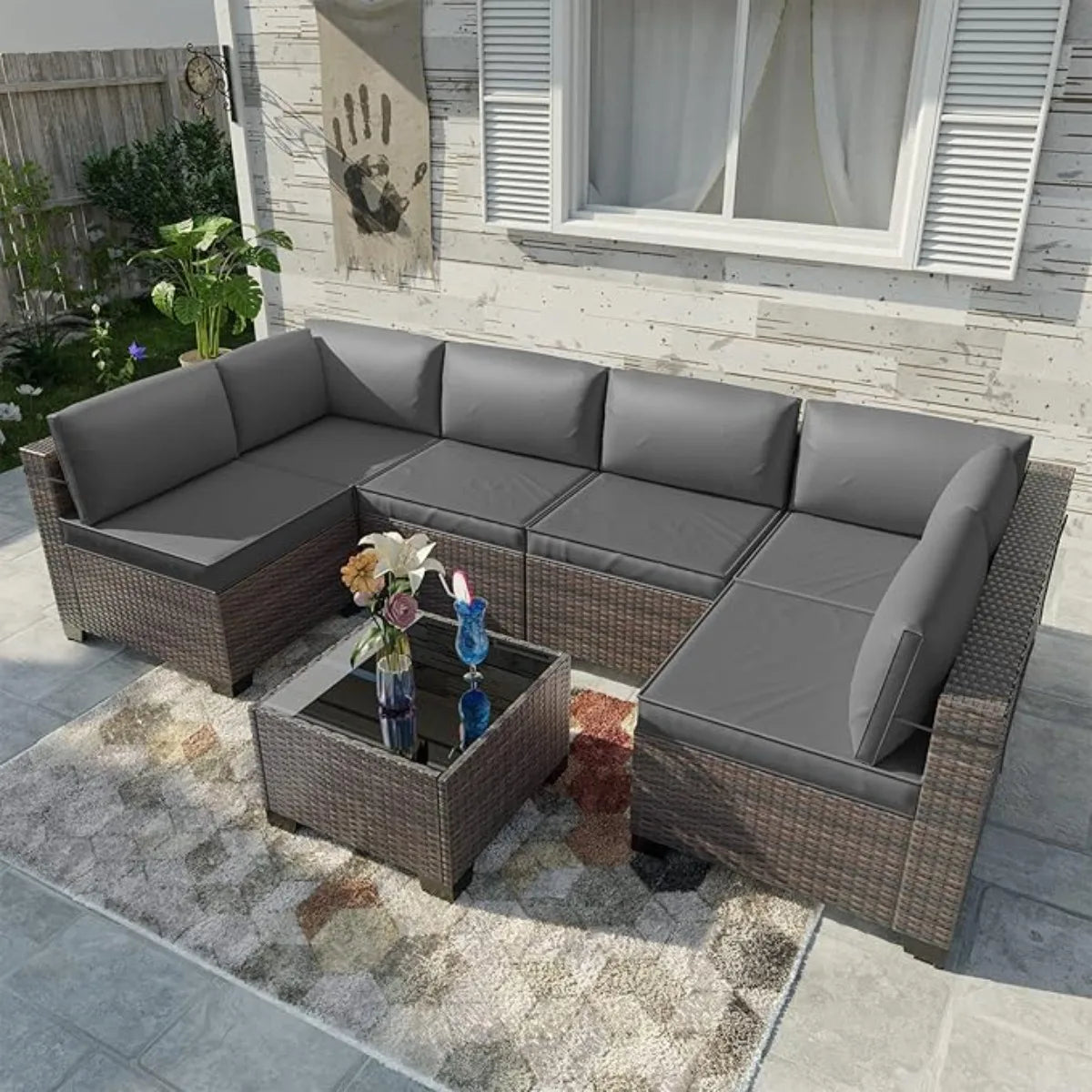 7 Pieces Outdoor Patio Furniture Set,Sectional Rattan Sofa Set Brown PE Rattan Wicker Patio Conversation Set with Tempered Glass