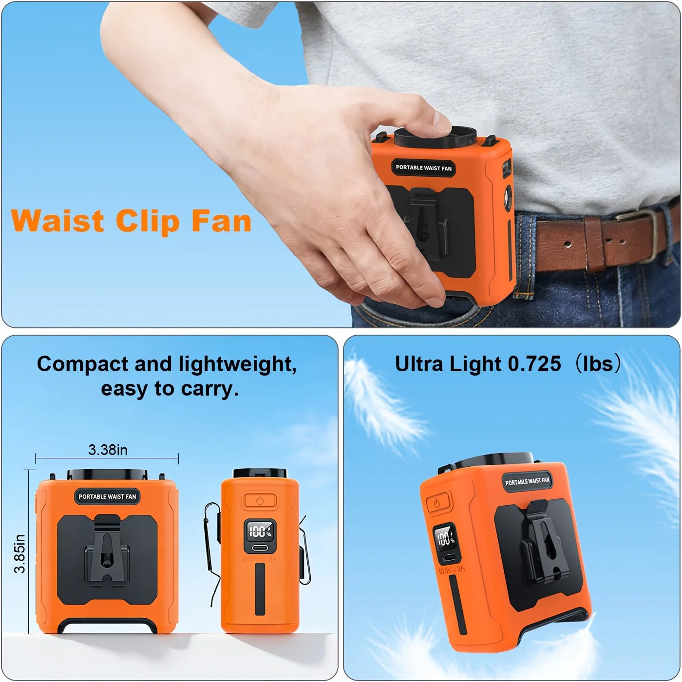 10000mAh Portable Rechargeable Waist Fan For Travel With Led Light