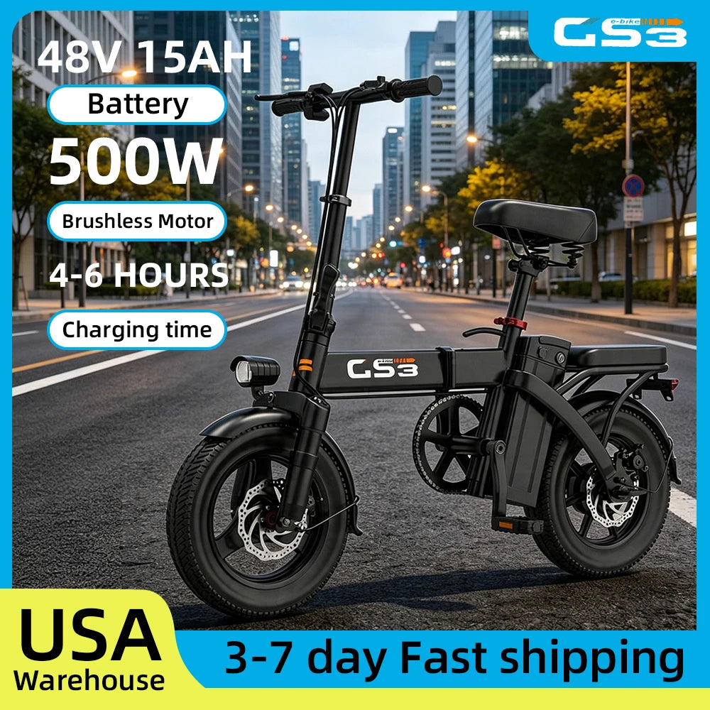 Uplee GS3 Electric Bike 500W 48V 15Ah Removable Battery Fat Tire 14 Inch Folding Electric Bike E-City EBike Electric Bicycle LED