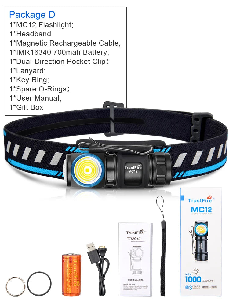 TrustFire MC12 LED Headlamp Magnetic Rechargeable 1000 Lumens