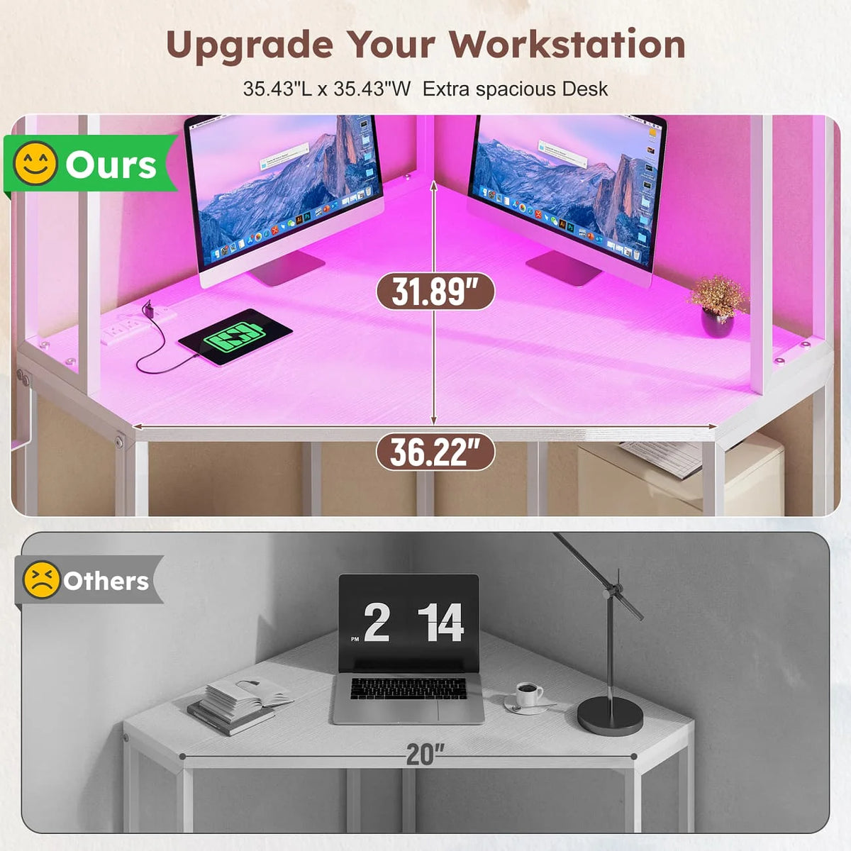 EnHomee Corner Gaming Desk With LED Lights Outlets And Storage