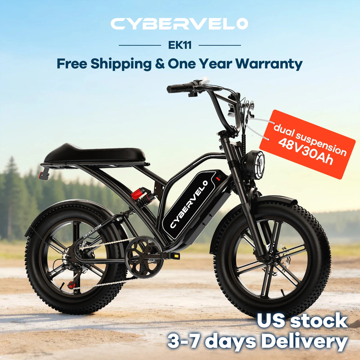 Cybervelo 1000W Electric Bike for Adults 20 Inch Fat Tire 48V All-Terrain E-Bike with Removable 20AH/30AH Battery 30MPH Speed EK11