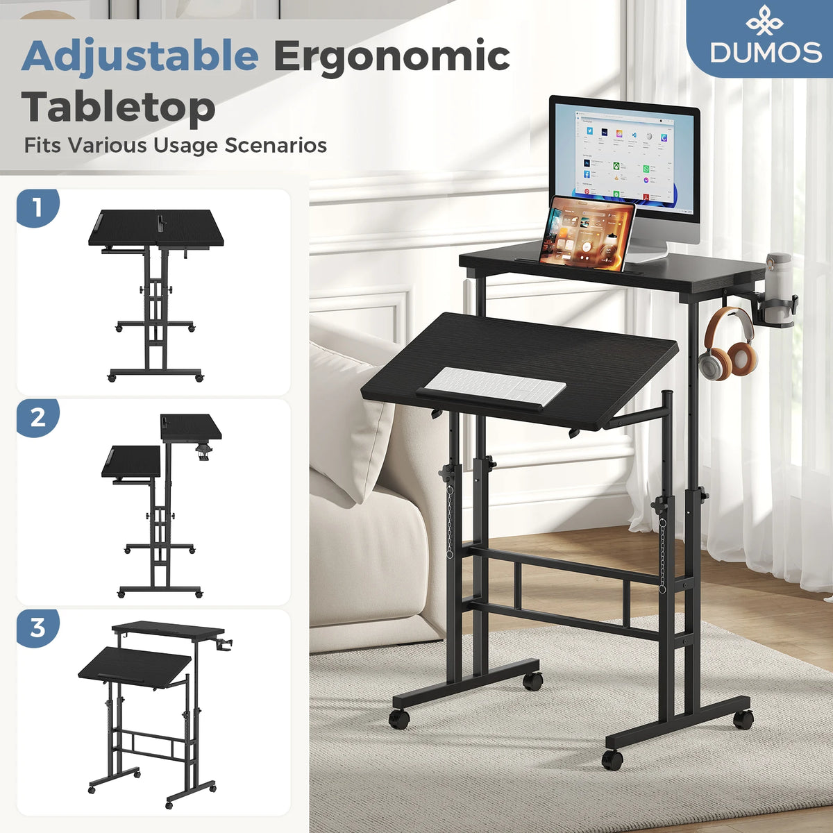 MCQ 23.6 Inch Rolling Standing Computer Desk Mobile Ergonomic Height Adjustable Computer Desk Corner Gaming Desk Gaming Table for Home Office Use Workstation