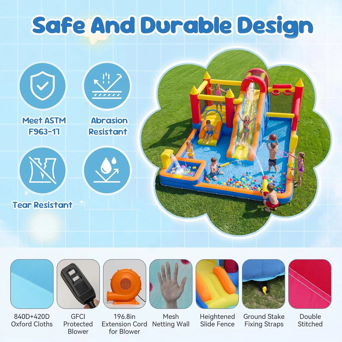 Kids Inflatable Bounce House With Blower Stakes And Repair Kit