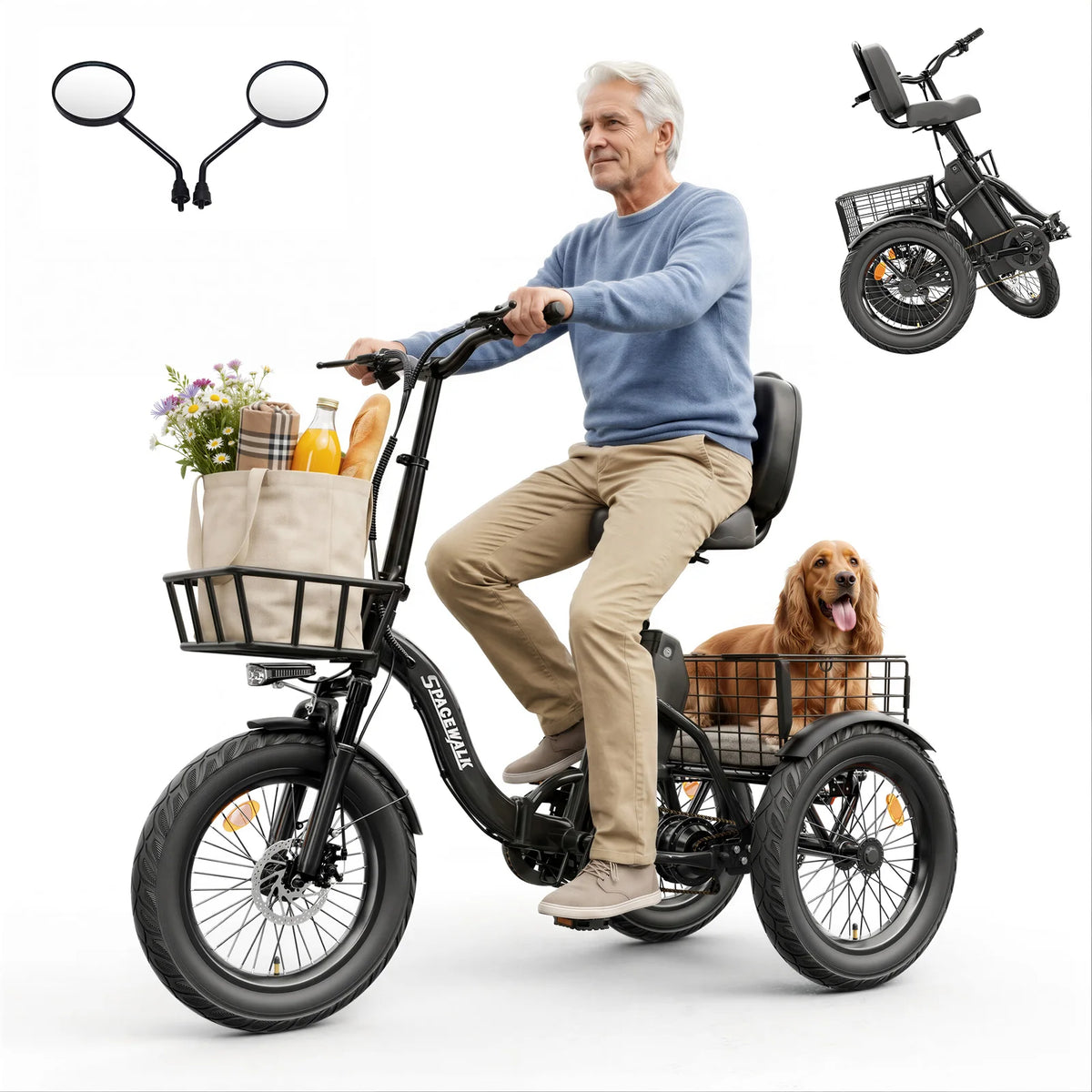 Spacewalk Folding Electric Trike For Adults With Cargo Basket