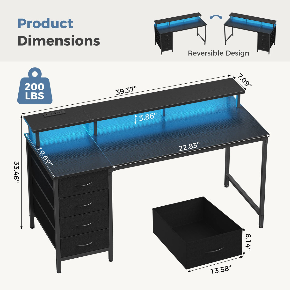 JHK 40In to 47In Gaming Computer Desk with 4 Storage Drawers Wood Office Desks with Power Outlets and LED Lights for Home Office