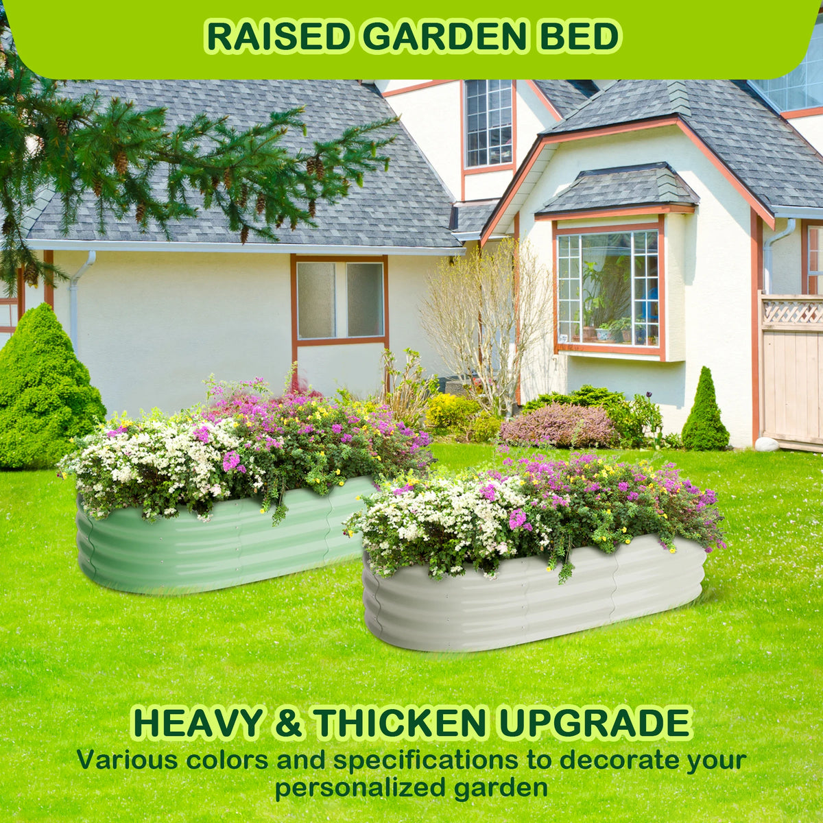HiMiss Oval Galvanized Steel Raised Garden Bed Planter
