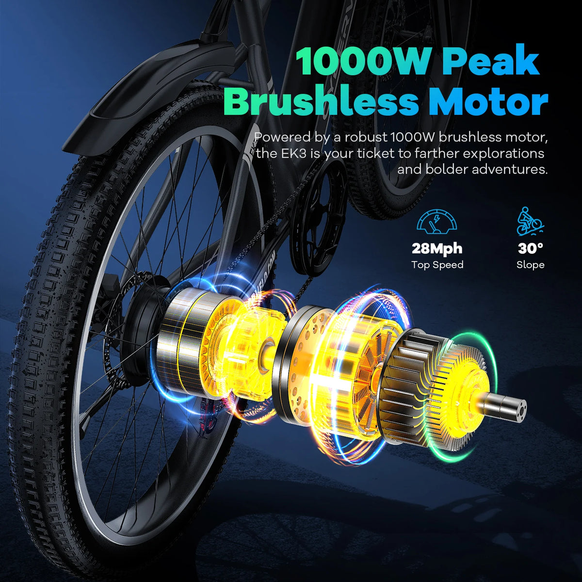 Cybervelo 26" Adult Electric Bicycle 1000W Peak Waterproof 48V Battery 7-Speed Shift for Commute Beach Snow Women's Men's EK3