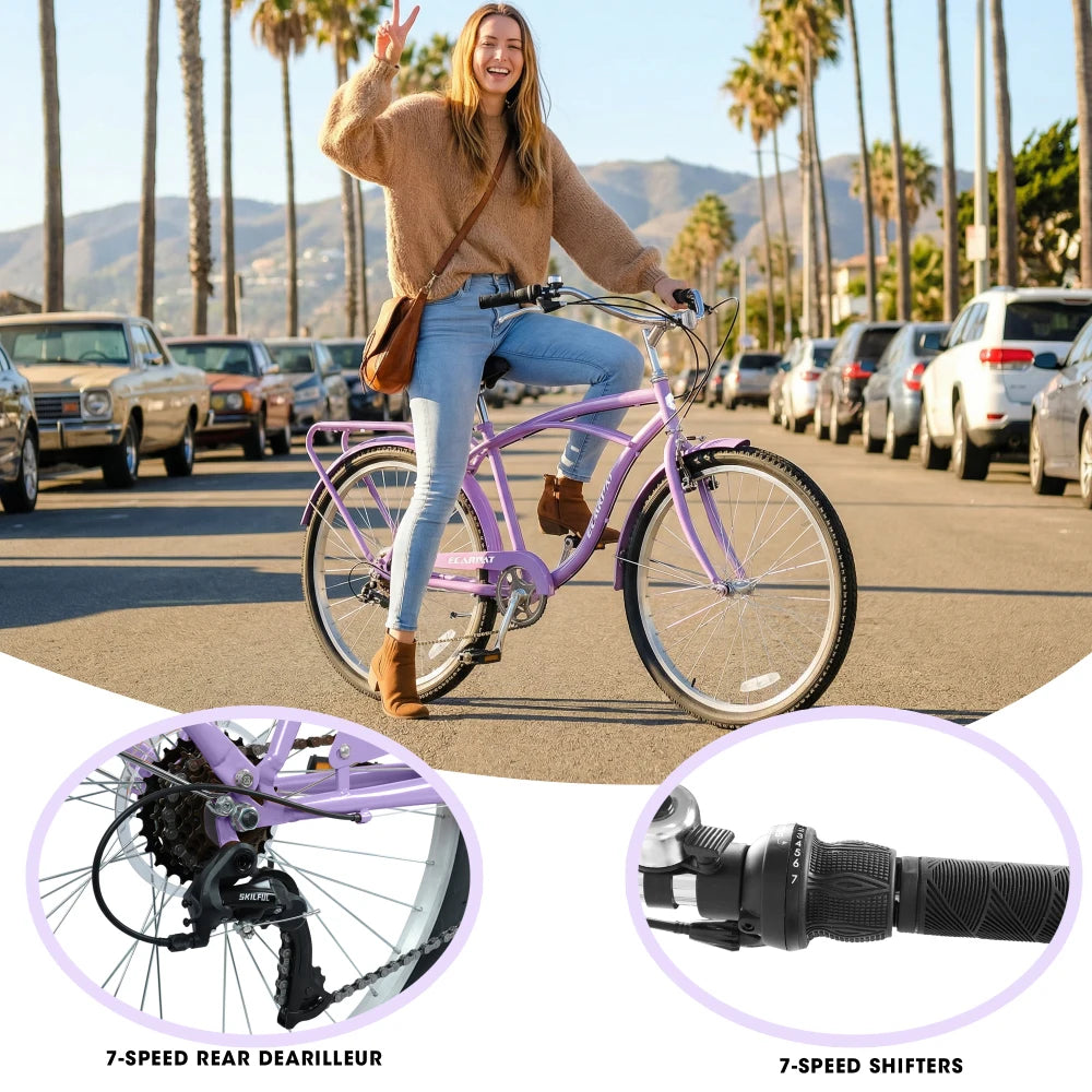 Beach Cruiser Bicycle With Steel Frame And 7 Speed Gearing