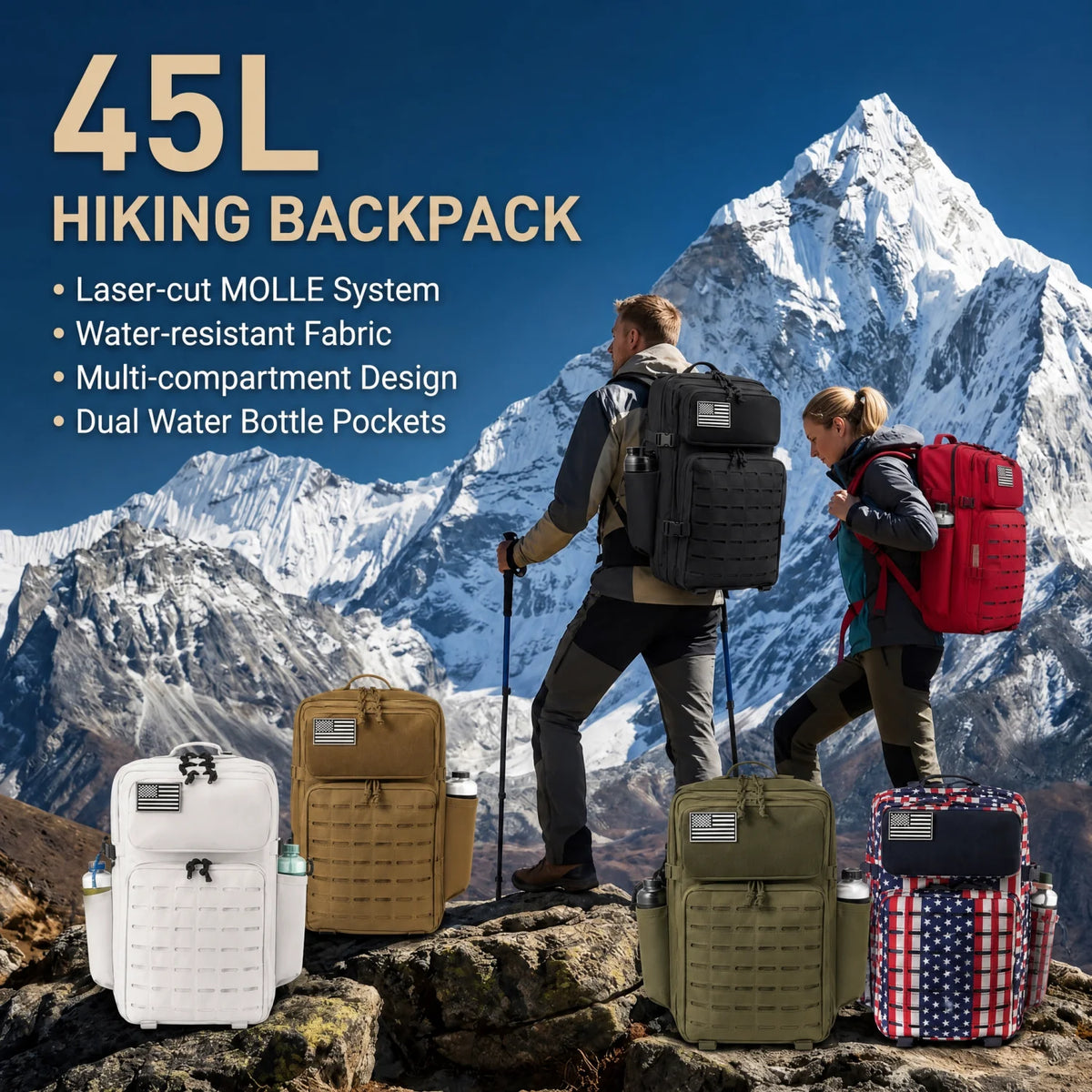 45L Tactical Backpack For Men With MOLLE Webbing System Outdoor Survival Gym Fitness Hiking Rucksack Dual Cup Holders Camping Travel Daily Work Commute Large Capacity Storage Backpack