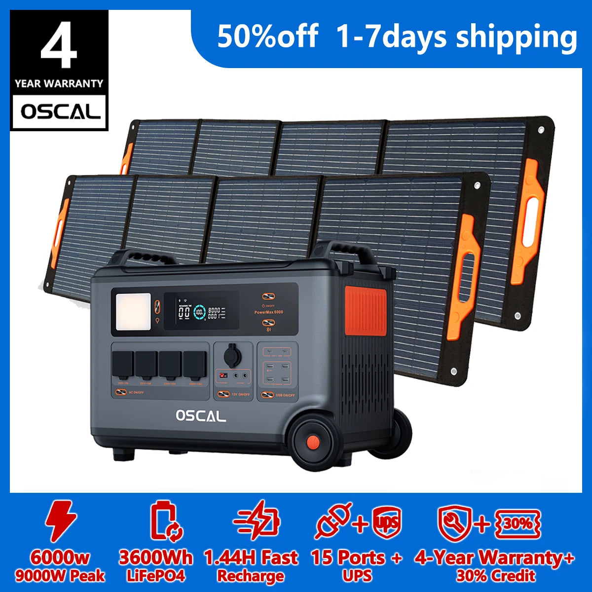 Oscal PowerMax 6000 Portable Solar Generator 3600Wh LiFePO4