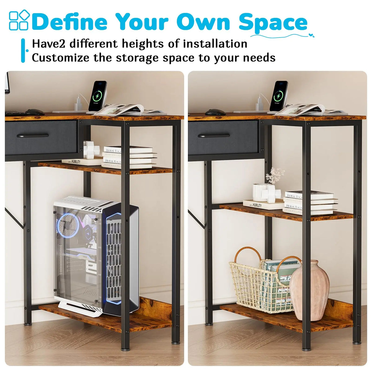 HiMISS Reversible L Shaped Gaming Desk With Drawers And Shelves