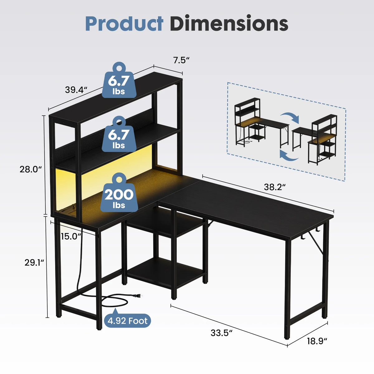 JHK Reversible L Shaped Gaming Desk With LED And USB Power