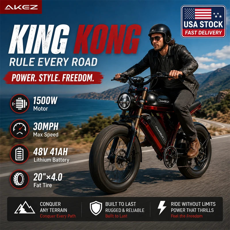 Electric Bike for Adults AKEZ King Kong 20"×4.0 Fat Tire 1500W Motor 30MPH Max Speed 48V 41Ah Lithium Battery Hydraulic Disc Brakes Turn Signals Dual Suspension All-Terrain E-Bike with LCD Display City Commuting,Mountain Roa