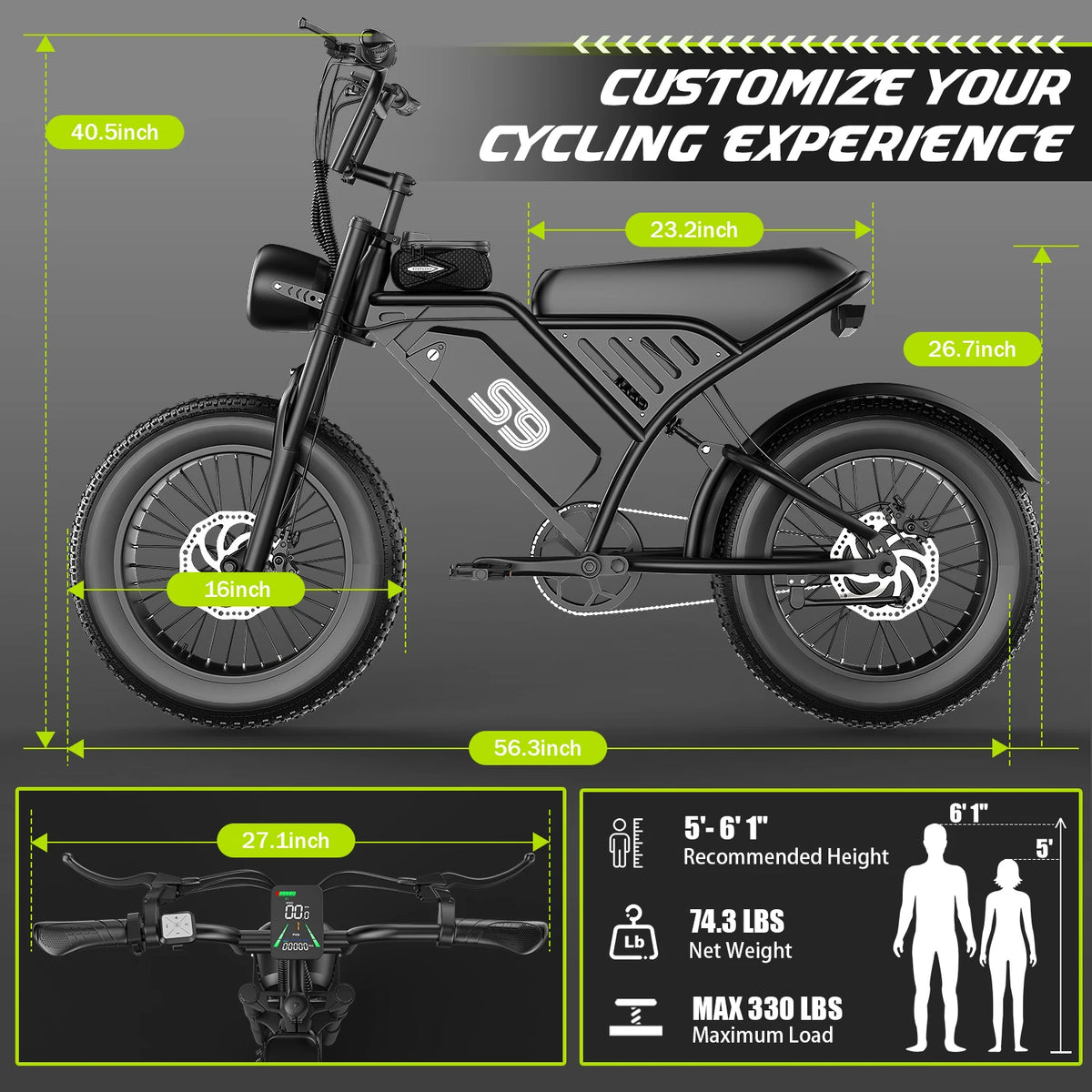 ASKGO Electric Bike for Adults, 1500W Peak Electric Dirt Bike, 28MPH 65Miles Ebike with 48V 20Ah Removable Battery,16" Fat Tire All-Terrain Ebike with NFC Unlock,Suitable for Off-Road, Mountain and Snow Riding,UL2849 Certifie