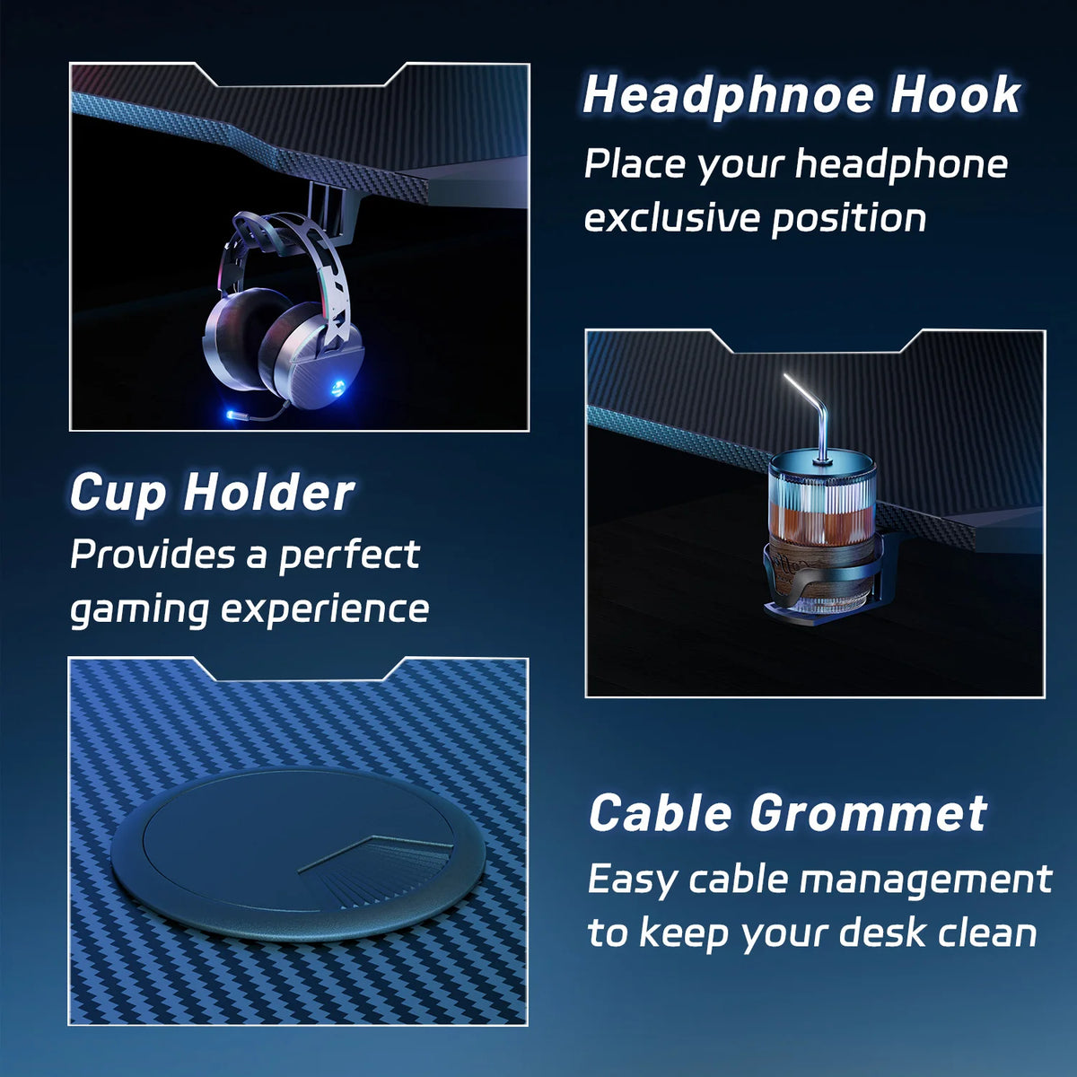 FRODROVIA Ergonomic Gaming Desk With LED Lights And Cup Holder