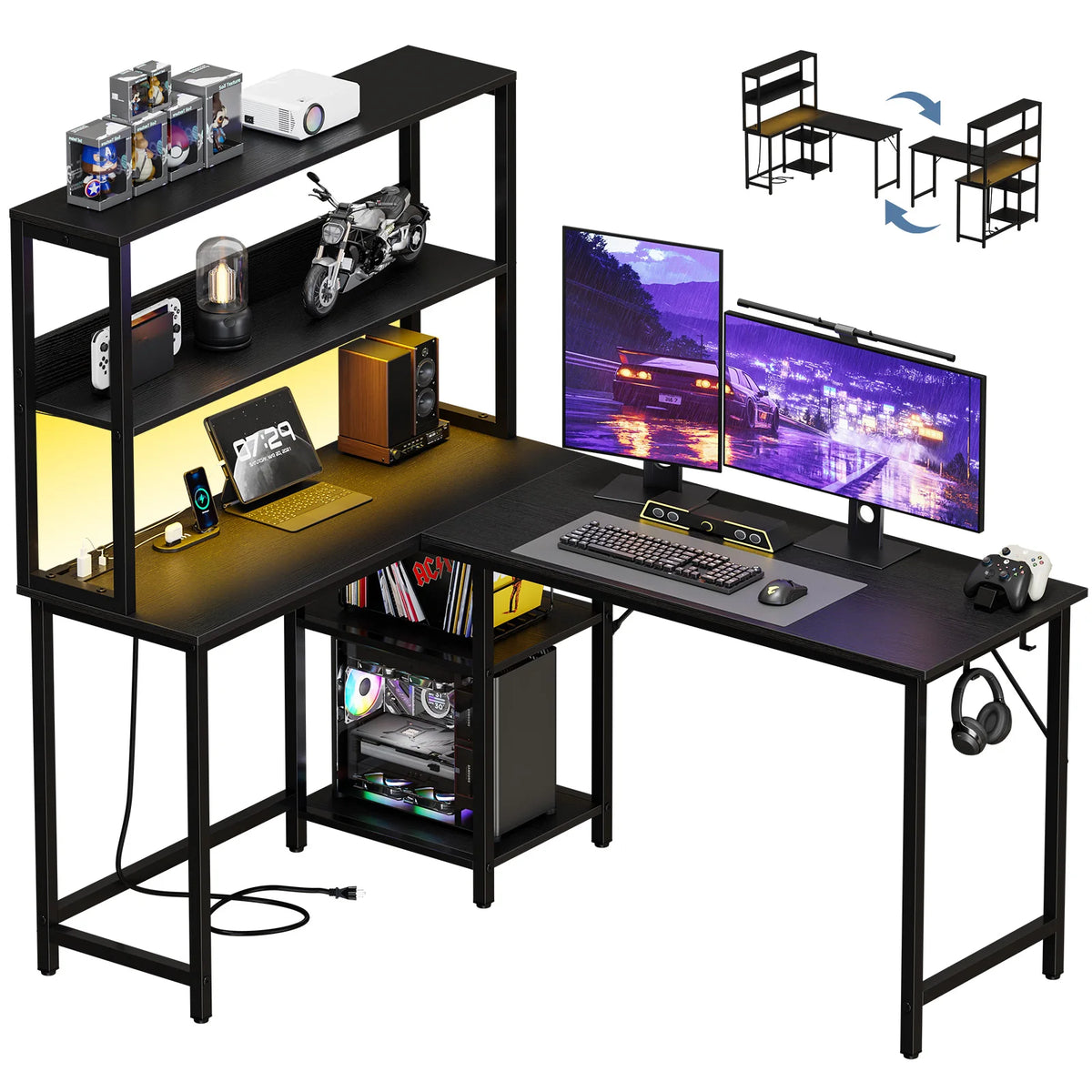 JHK Reversible L Shaped Gaming Desk With LED And USB Power