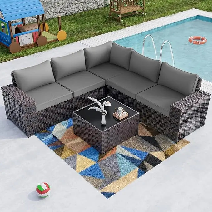 7 Pieces Outdoor Patio Furniture Set,Sectional Rattan Sofa Set Brown PE Rattan Wicker Patio Conversation Set with Tempered Glass