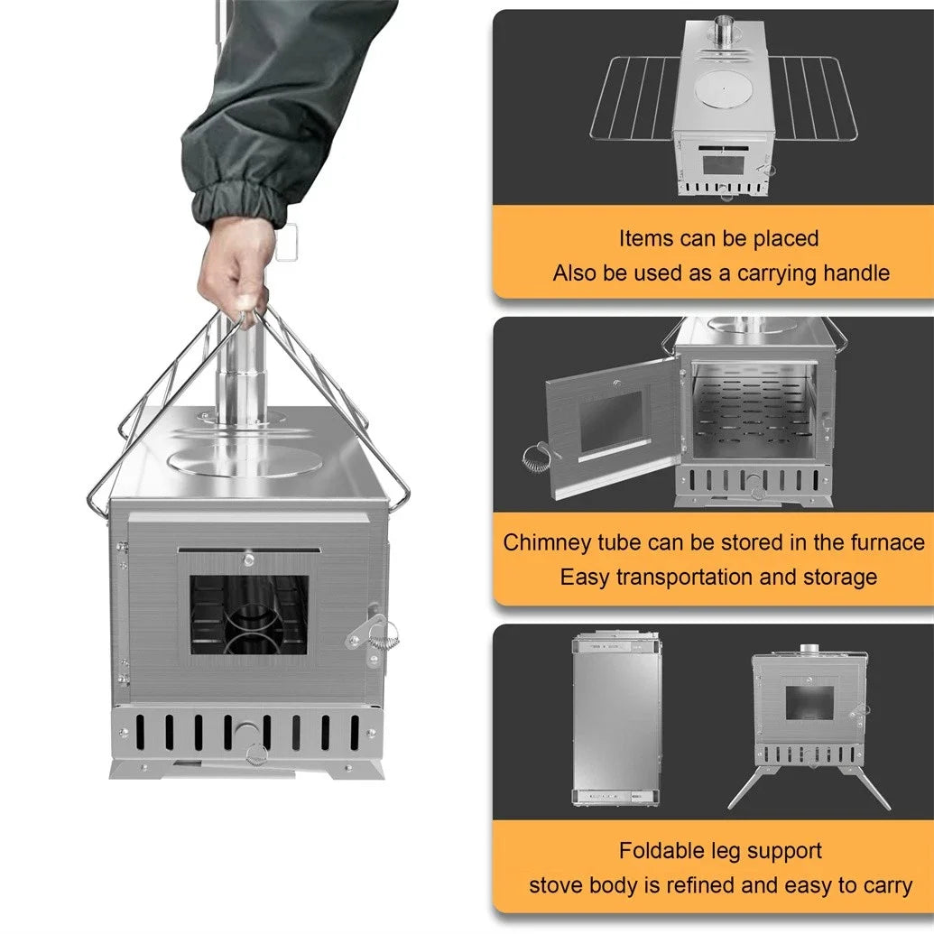 Unho Portable Wood Burning Stove With Stainless Steel Chimney Pipes