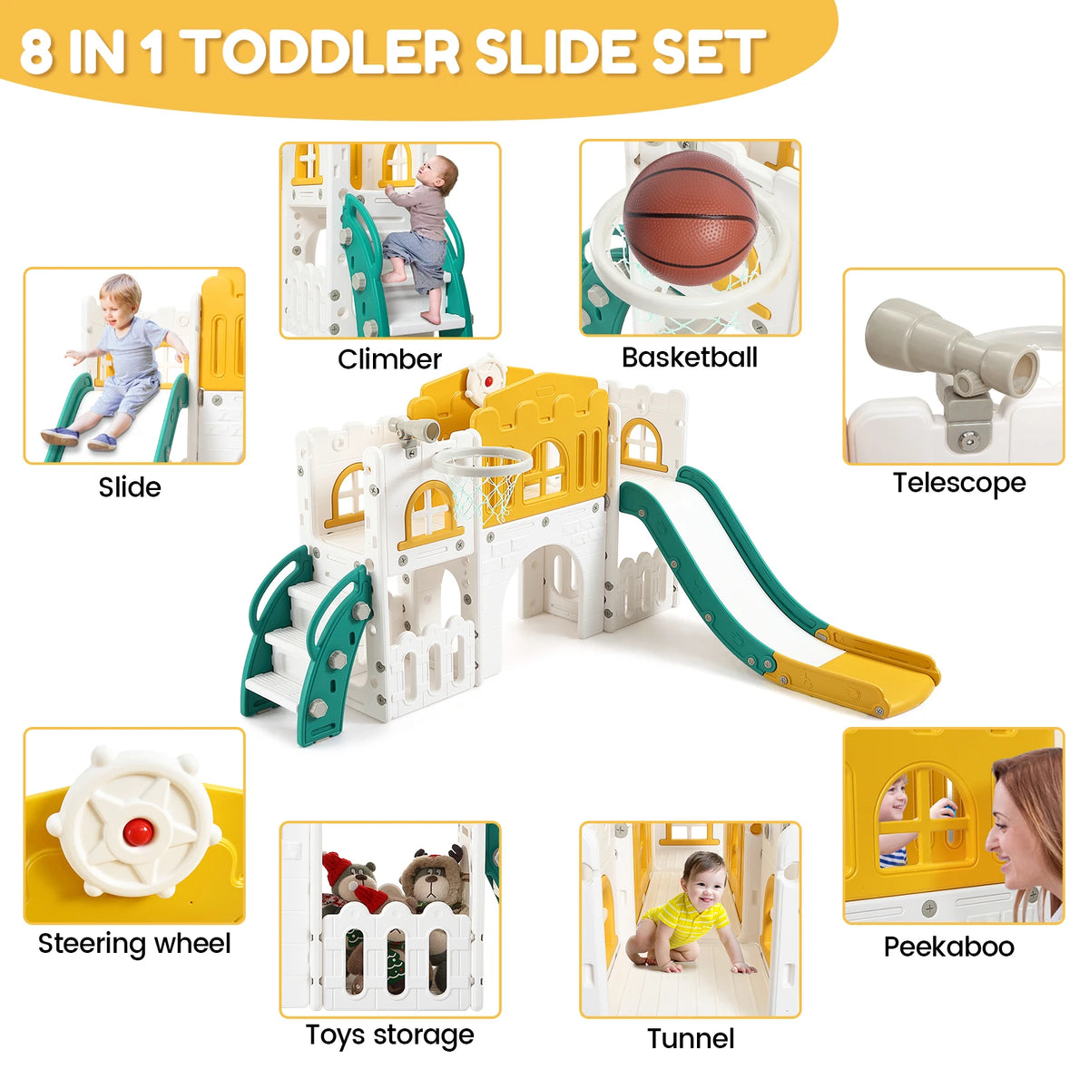 HiMISS Toddler 8 In 1 Indoor Slide Playground With Climber