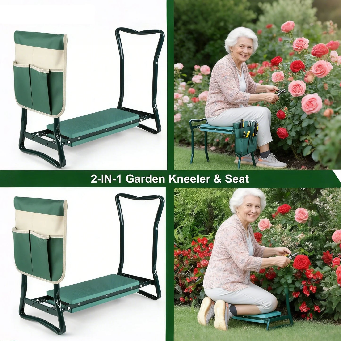 Foldable Dual Purpose Garden Kneeler With Tool Storage Bag
