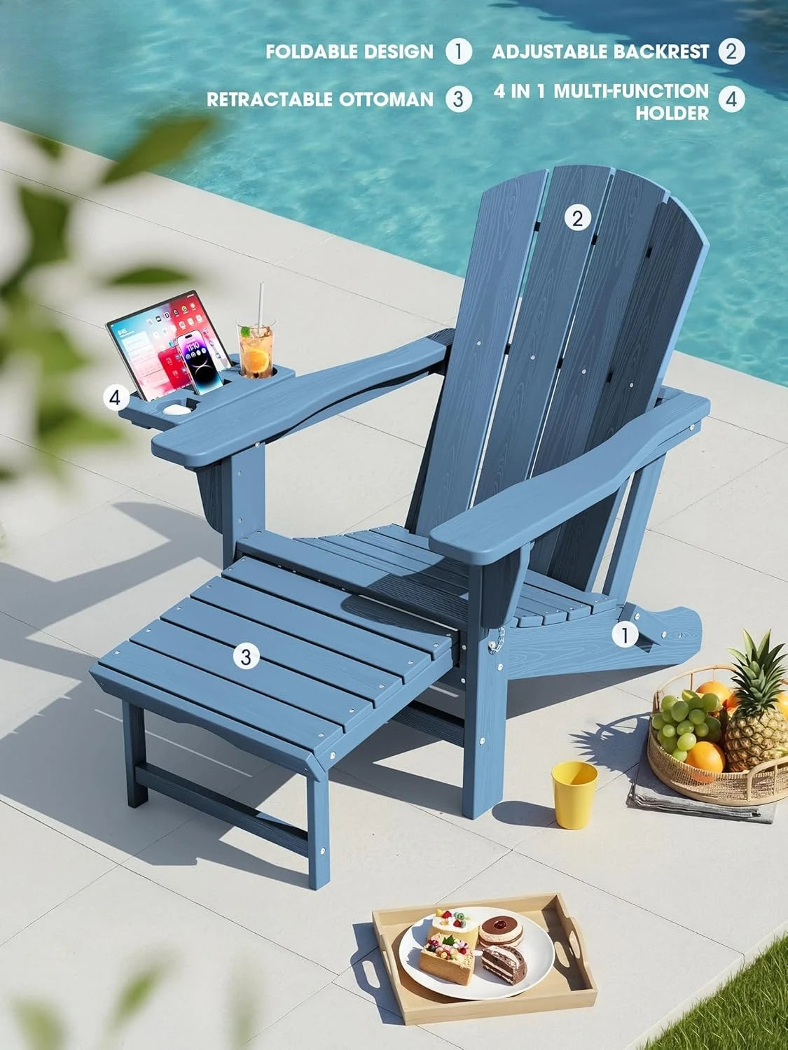 Adjustable Folding 4-in-1 Adirondack Chair with Footrest, HDPE Foldable Recliner & Pull-Out Ottoman, Custom