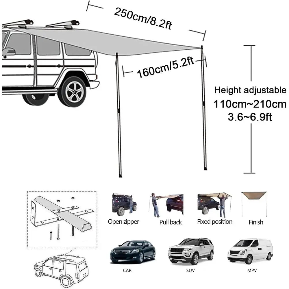 Vehicle Awning Roo Rack Pull-Out Tent Sun Shade UV50+, Retractable Car Side Awning or SUV Outdoor Camping & Overland, W/Waterpro