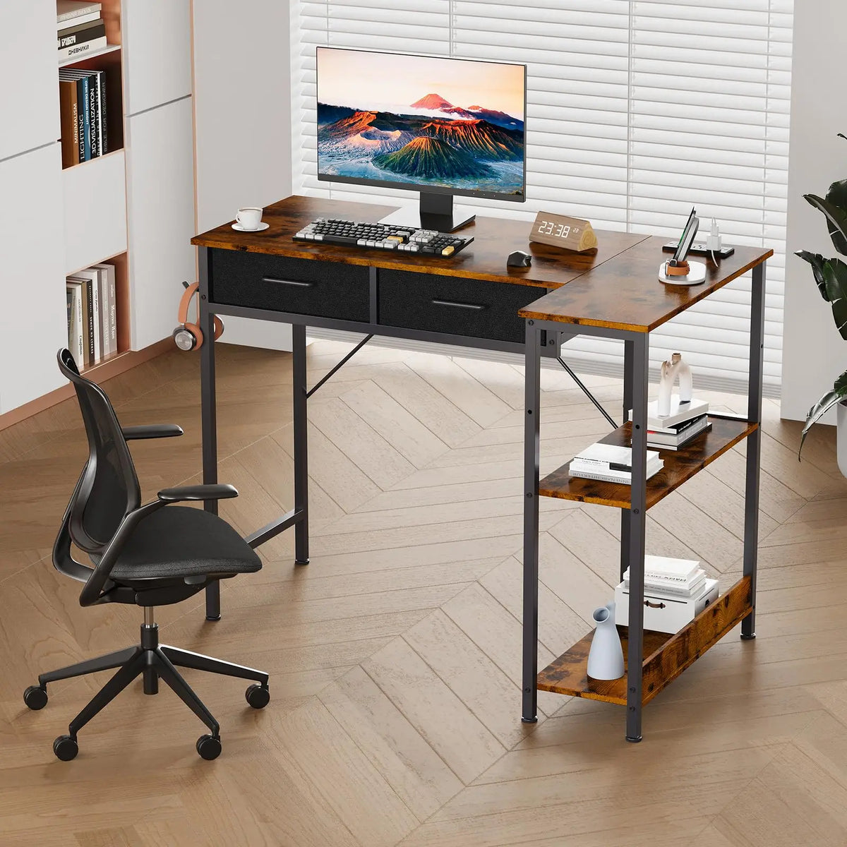 HiMISS Reversible L Shaped Gaming Desk With Drawers And Shelves