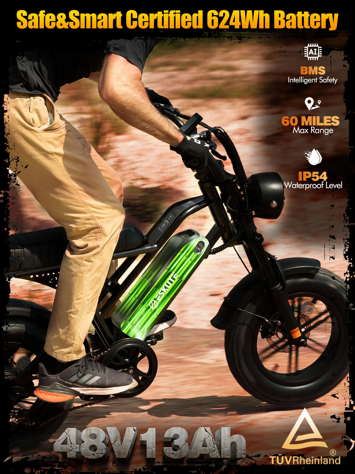Eskute V100 Electric Dirt Bike, 1500W Peak 20MPH+ 48V13Ah Battery Motorcycle, All Terrain Dual Suspension E Bike , Ebike Up to 60 Miles Range, 16"x4" Fat Tire,  7-Speed，UL2849