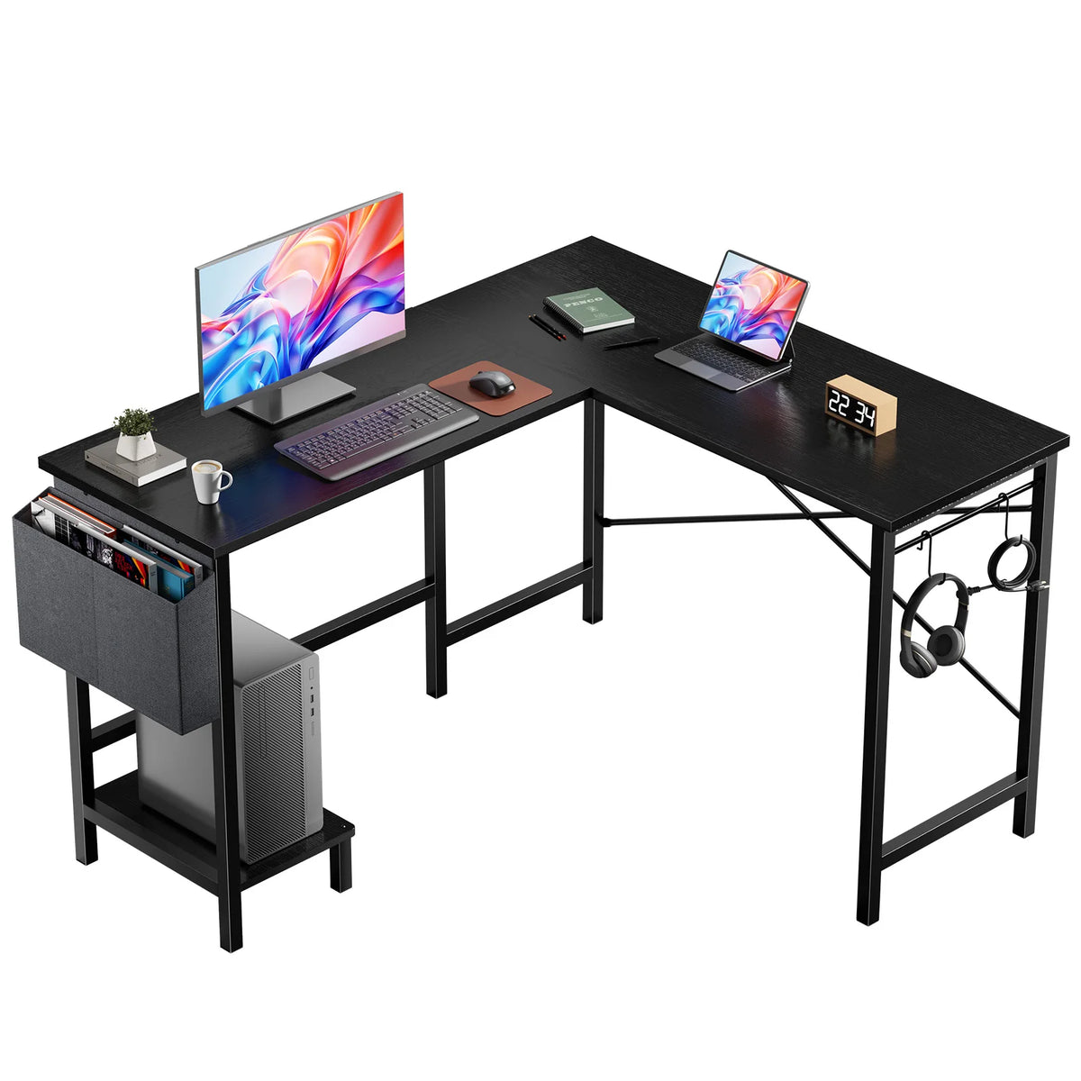 MCQ L Shaped Standing Office Computer Desk with Storage Bag and Side Hook Ergonomic Computer Corner Gaming Desk with PC Stand for Home Office Use Workstation