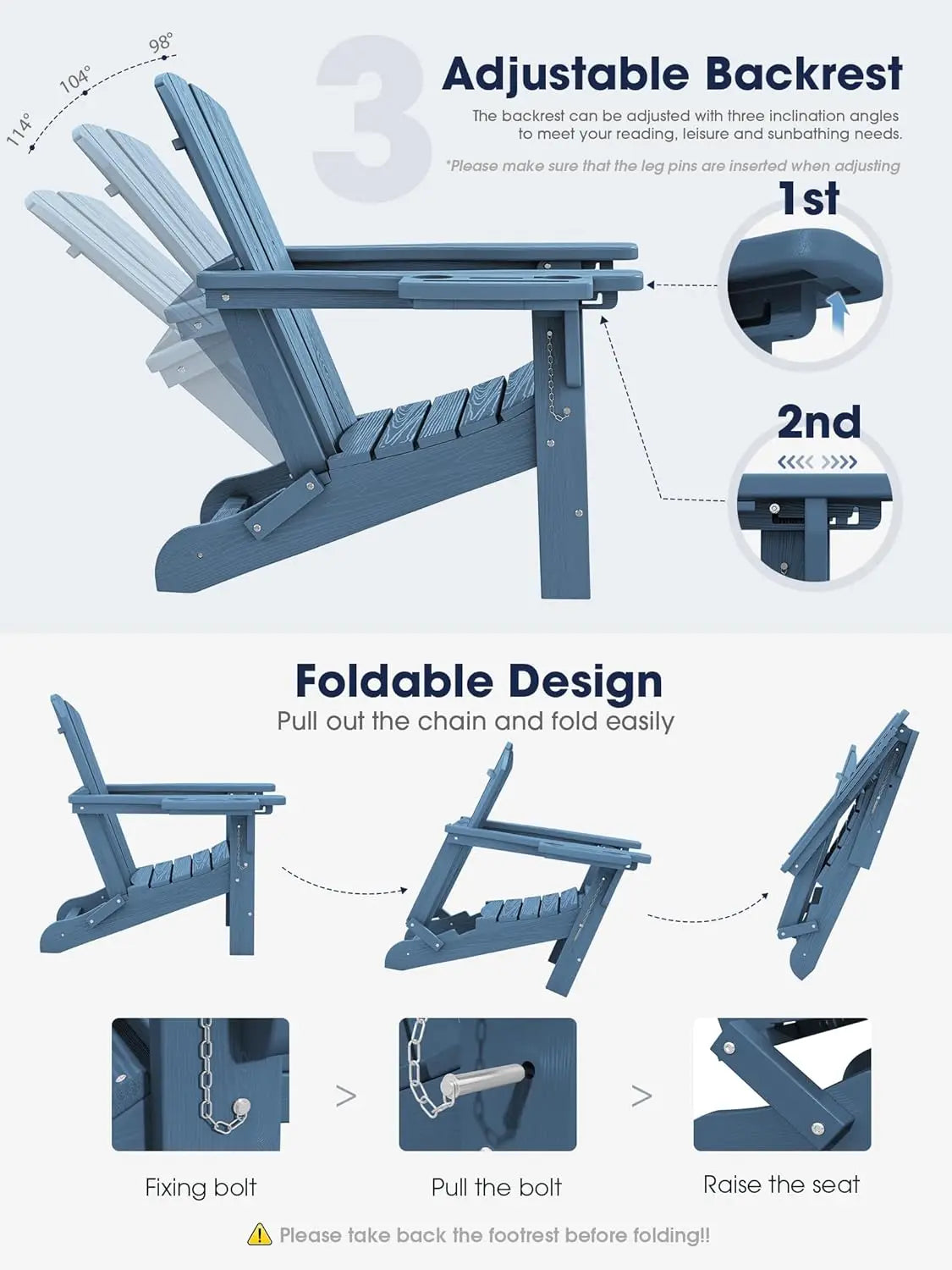 Adjustable Folding 4-in-1 Adirondack Chair with Footrest, HDPE Foldable Recliner & Pull-Out Ottoman, Custom