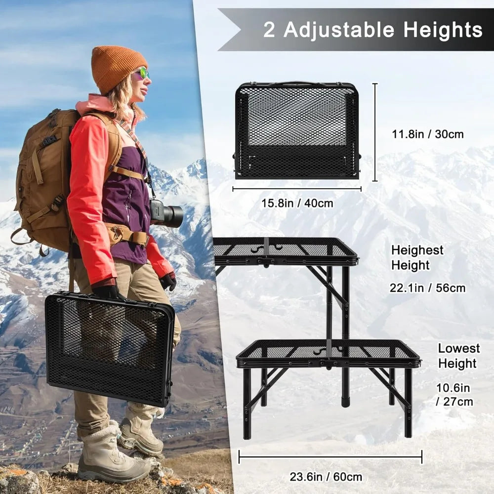 Portable Folding Camping Table Height Adjustable Lightweight Metal Mesh Top for Outdoor Cooking Picnic Travel