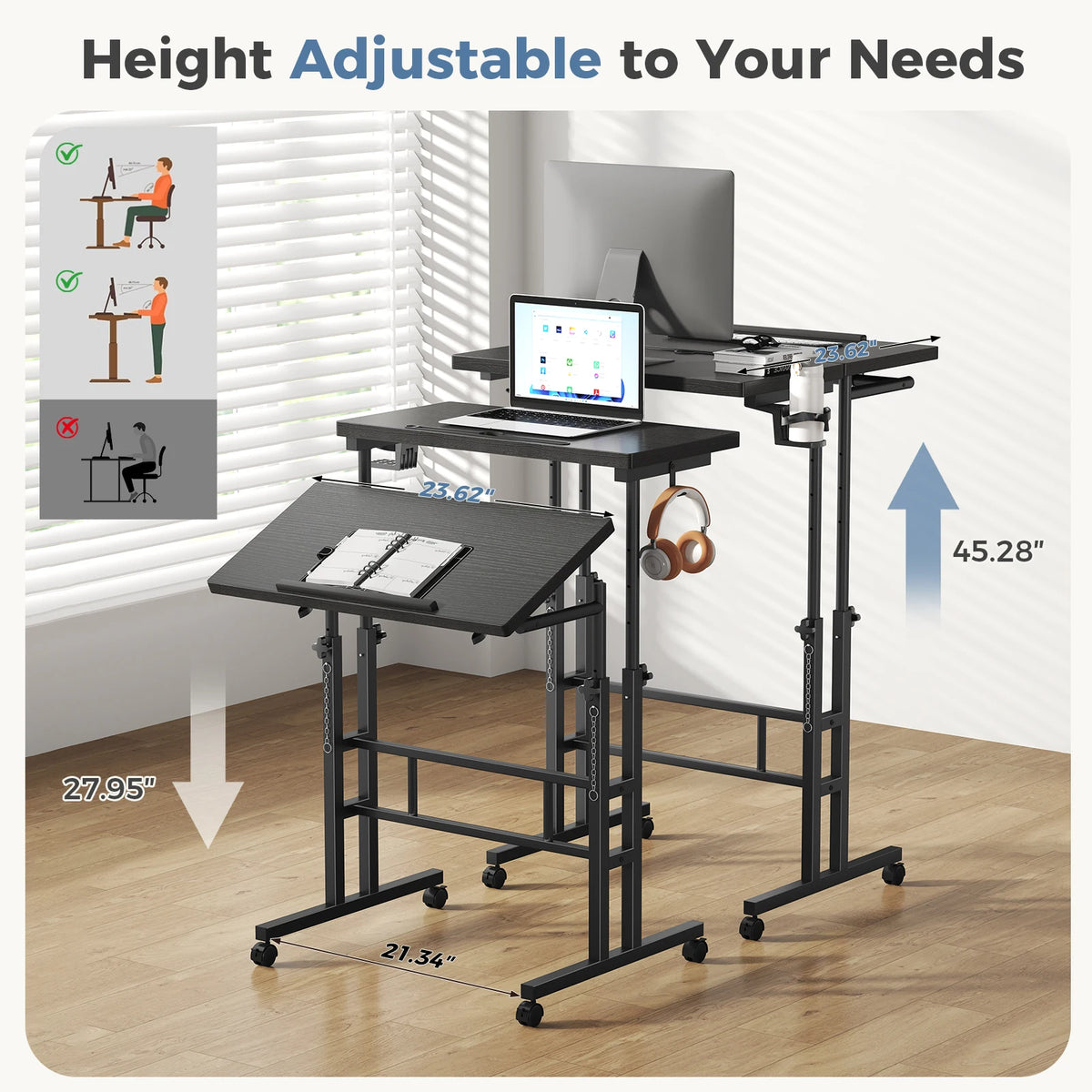 MCQ 23.6 Inch Rolling Standing Computer Desk Mobile Ergonomic Height Adjustable Computer Desk Corner Gaming Desk Gaming Table for Home Office Use Workstation