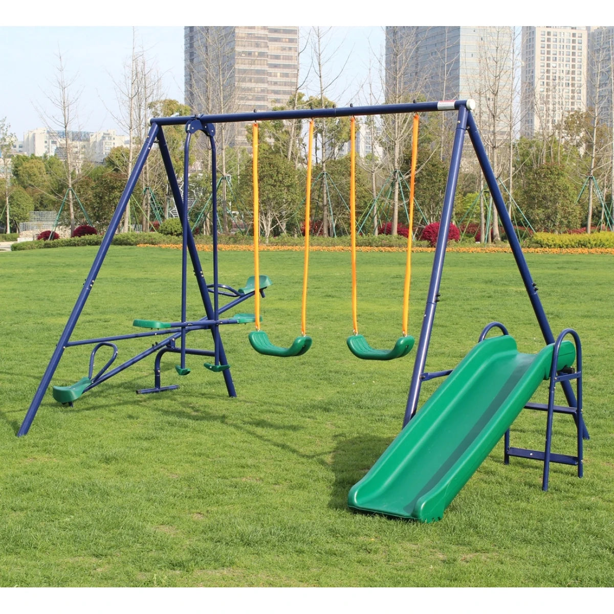 Backyard Swing Set With Seesaw, Slide, Belt Swing And Glider