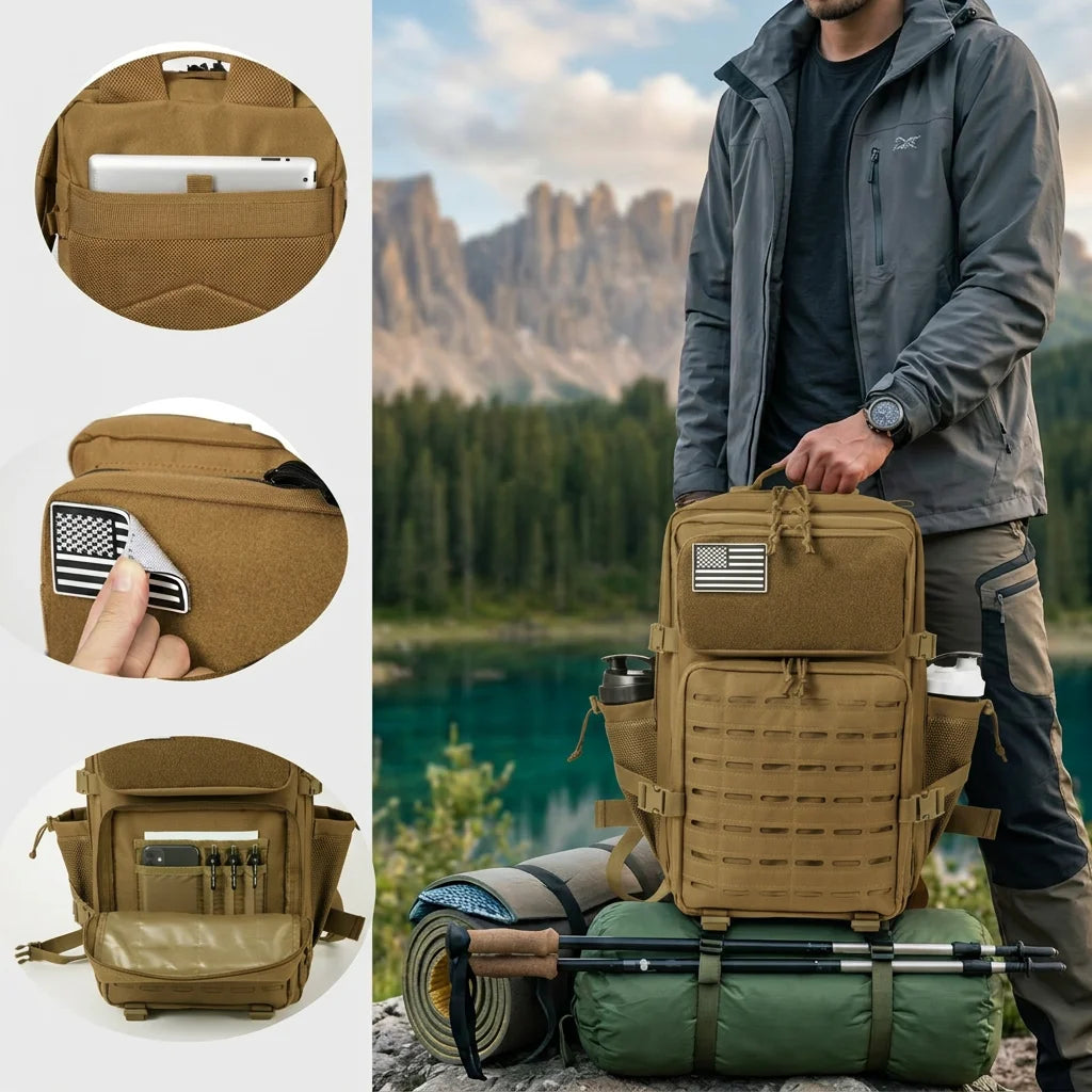 45L Tactical Backpack For Men With MOLLE Webbing System Outdoor Survival Gym Fitness Hiking Rucksack Dual Cup Holders Camping Travel Daily Work Commute Large Capacity Storage Backpack