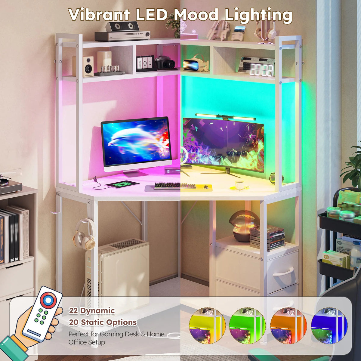 EnHomee Corner Gaming Desk With LED Lights Outlets And Storage